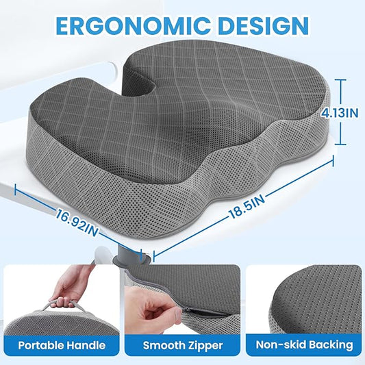 TushGuard Office/Car Seat Cushion, Non-Slip Sciatica & Back Coccyx Tailbone Pain Relief Chair Pad, Memory Foam Butt Pillow for Computer Desk, Wheelchair, Driving (Black&Grey, XX-Large)