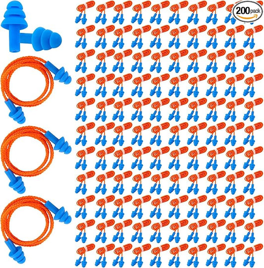 Xuhal 200 Pairs Corded Ear Plugs Silicone Earplugs with Cord Individually Wrapped Reusable Earplugs Sleep Noise Cancelling Hearing Protection for Snoring Shooting Studying Construction (Blue)