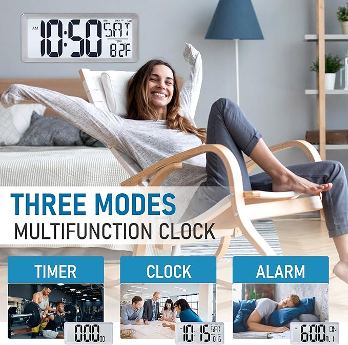 TXL Silver Large Digital Wall Clock with Backlight, 14.2" Battery Operated Alarm Clock with Day, Date & Temperature, Large Wall Clock for Classroom,Bedroom, Livingroom, Office,(Battery Included)