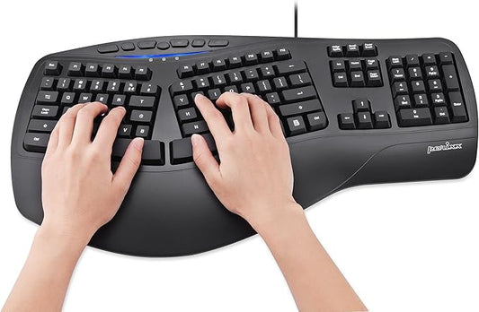 Perixx PERIBOARD-312 Ergonomic Backlit Keyboard - Wired USB with 2 Hubs - Natural Ergonomic Split Design - White LED - Black