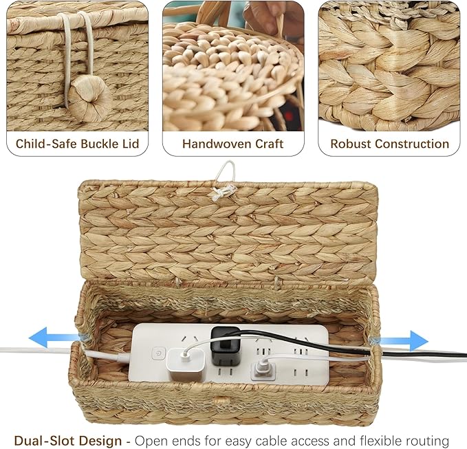 Cable Organizer Box Handmade Wicker Rattan Cable Management Box Adapter Power Strips Outlet Router Cord Hider Cover Under Desk Electrical Wire Storage Organizer with Lid (Natural, Medium)