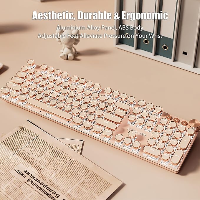 Typewriter Style Mechanical Gaming Keyboard White LED Backlit 104-Key NKRO Pink Switches Retro Round Keycaps Golden Ring Volume Knob Metal Panel Wired USB-C Detachable Cable, Rose Gold