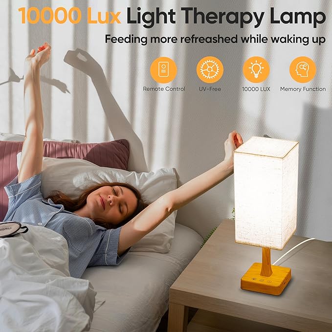Light Therapy Lamp 10000 Lux Therapy Light with Remote, Upgrade Size, 3 Color Temperatures, 5 Brightness Level Full Spectrum Sunlight Lamp with USB C & A Ports Home/Office Use As Lift Mood, Grain, 24W