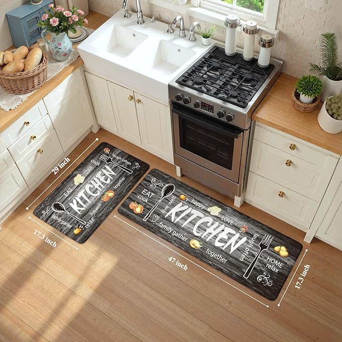 KIMODE Kitchen Mats,Grey Anti Fatigue Kitchen Rugs Sets of 2,Non Slip Waterproof Farmhouse Kitchen Floor Mats,Cushioned Comfort Standing Mat for Home,Laundry, Sink,Desk