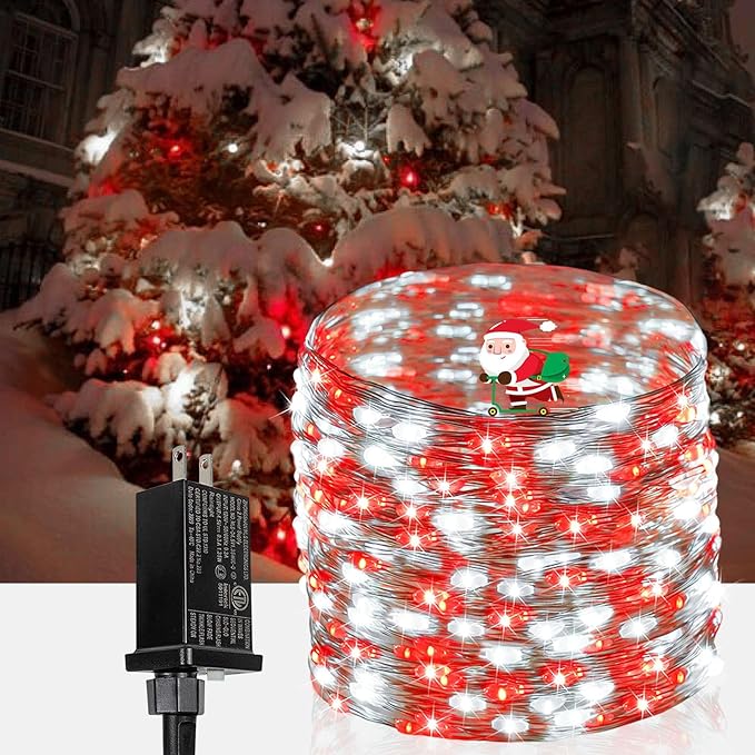 66Ft 200LED Red and White LED Fairy Lights Plug in, Waterproof String Light Outdoor 8 Modes Christmas Lights Bedroom Decor, Twinkle Light for Girl's Room Christmas Decorations (Cool White&Red)