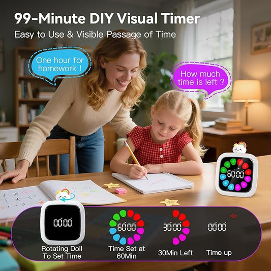 Yunbaoit Digital Visual Timer for Kids, Rechargeable 99-Minute Silent Countdown Timer with 19 Ringtones, 9 Optional DIY Color Petal Display, Time Management Tool with Pause Function (3 Dolls)