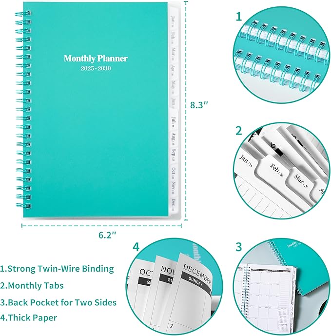 2025-2030 Monthly Planner/Calendar - Jul 2025 - Jun 2030, 5 Year Planner with Tabs, 6.4" x 8.5", 60 Monthly Calendar, Two-Side Pocket, 9 Notes Pages, Suitable for Long-Term Planning - Green