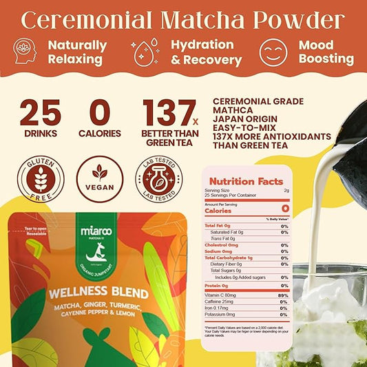 Spicy Ginger Shot with Matcha & Turmeric | Superfood Blend for Gut Health, Immune Support, Detox, Natural Energy & Metabolism | 50g, 25 Servings, 20mg Caffeine, Zero Calories | Miaroo Matcha