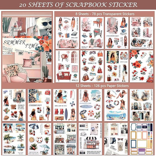 AVECMOI Summer Vacation Stickers for Women, PET & Paper Holiday Sticker Book with 203 Images for Travel Journal, Planner, Scrapbooking, Themed Album, A5