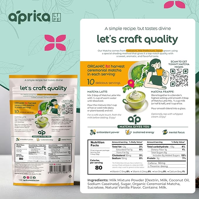AprikaLife Matcha Latte Powder, Premium Barista Crafted Mix with Natural Vanilla Flavor - Authentically Japanese - 1st Harvest Ceremonial Grade, Sweet Matcha Powder Used by Coffee Shops 6.8 oz / 180g