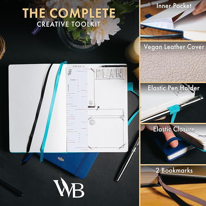 Wordsworth & Black A5 Bullet Dotted Journal 216 Dotted Pages, Hardcover Grid Dot Leather, 120 GSM Paper, Journaling Notebook for Work & Sketching, Journals for Women, Men - Gifts Box Included Blue