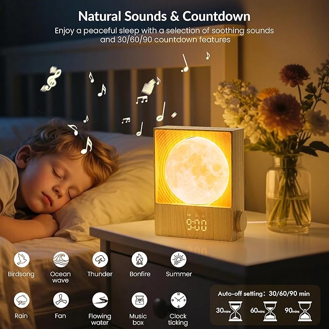 Sunrise Alarm Clocks for Heavy Sleepers,Rotatable Moon Light with Gentle Wake-Up,Clock Night Lamp for Bedrooms - Snooze,10 Light Effects,10 Nature Sounds,15 Ringtones for Adults,Kids,Nursery