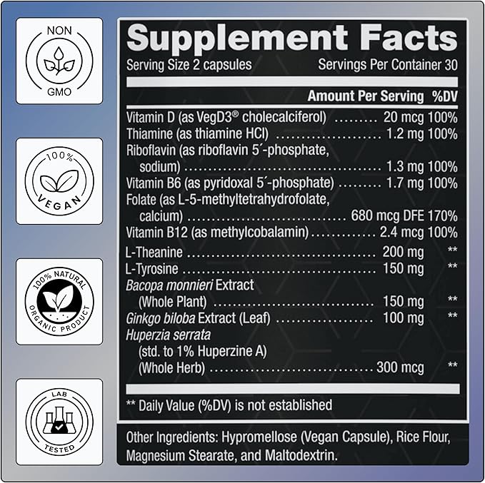 11-in-1 Nootropic Supplement: Supports Memory & Cognition - 100mg Ginkgo 150mg Bacopa 300mcg Huperzine 200mg L-Theanine 150mg L-Tyrosine & Bioactive B-Complex w/ 5-MTHF - 1,100mg+ Serving - 60 Count