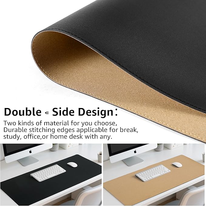 PU Leather Desk Mat, Large Mouse Pad with Cork Base, Writing Desk Blotter, Desk pad for Keyboard and Mouse,Keyboard mat for Desk Decor-Computer Mouse Pad(Black, 31.5x15.7in)