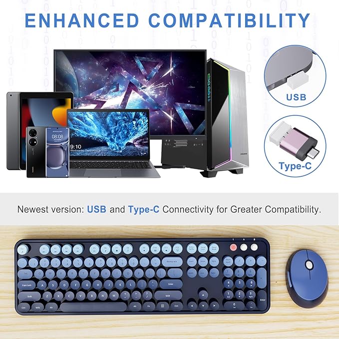 Wireless Keyboard and Mouse Combo, Ergonomic Full Size Typewriter Retro Round Keycaps Keyboard, Compatible with Windows, PC, Perfer for Home and Office Keyboards (Twilight Blue
