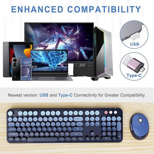 Wireless Keyboard and Mouse Combo, Ergonomic Full Size Typewriter Retro Round Keycaps Keyboard, Compatible with Windows, PC, Perfer for Home and Office Keyboards (Twilight Blue