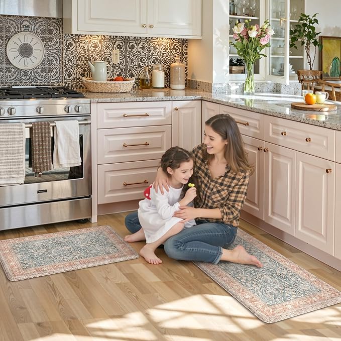 KIMODE Anti Fatigue Kitchen Mat,Farmhouse Kitchen Rugs Sets of 2,Non Slip Waterproof Vintage Kitchen Floor Mats,Cushioned Comfort Standing Mat for Sink,Desk,Laundry,Office,Orange/Blue