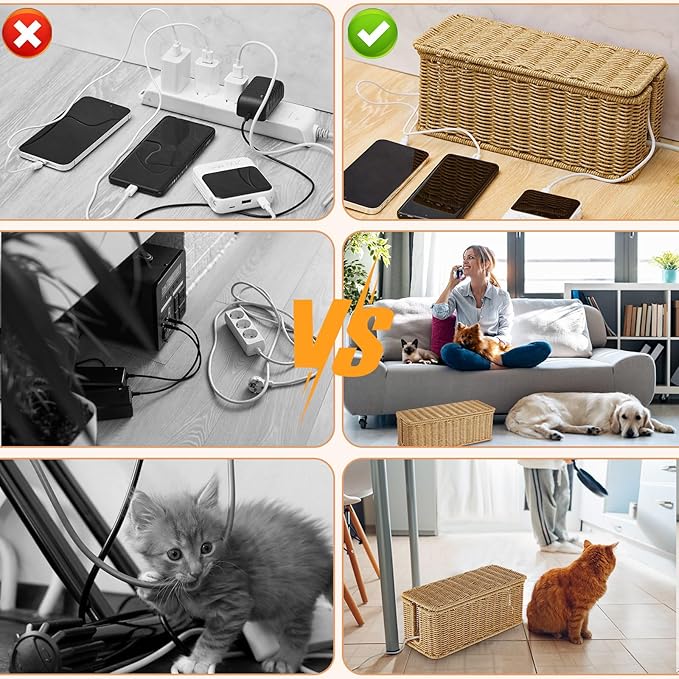 Marsui Cable Management Box Synthetic Rattan Cord Organizer Box Cable Hider Box Storage Wire Box with 2 Open Slots for Home Office Desk Computer TV Wires USB Hub (Medium, 1)