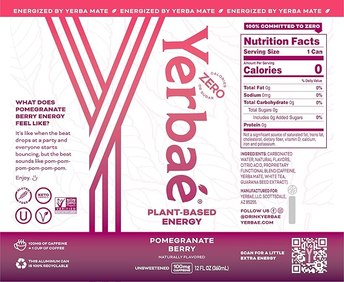 Yerbaé Energy Seltzer - Pomegranate Berry, No Sugar/Calories/Carbs. Energized by Yerba Mate, Naturally Caffeinated Plant-Based, Healthy Alternative to Coffee, Sugary Sodas, Pack of 12, 12oz cans