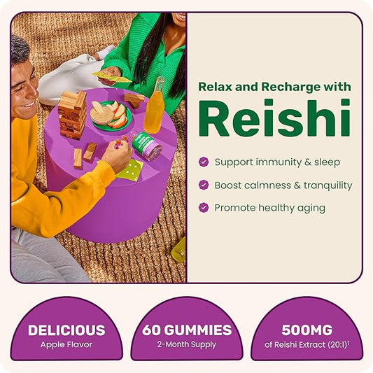 Fungies Reishi Mushroom Gummies, Delicious Apple Flavor - Mushroom Herbal Supplement Gummy for Adults Supports Immune Health, Relaxation & Healthy Aging - Calming Gummies for Sleep - 60 Servings