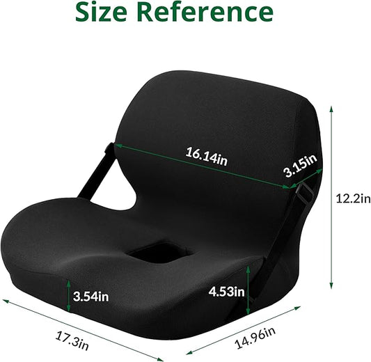 Memory Foam L-Shaped Seat Cushion with Lumbar Support & Adjustable Strap - Tailbone Pain Relief for Office Chair, Car, Home - Non-Slip Bottom, Breathable Mesh Cover (Black)