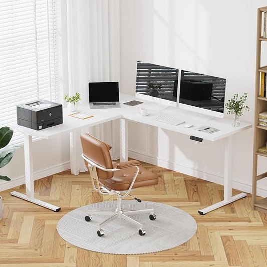 SANODESK L Shaped Standing Desk Adjustable Height, Electric Corner Standing Desk, 71 x 63 inch Sit Stand Computer Table with Splice Board, White