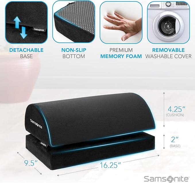 Samsonite Ergonomic Foot Rest, Adjustable Memory Foam Foot Stool for Under Desk at Work, Office Desk Accessories for Long Sessions and Comfort