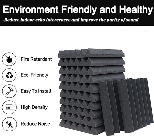 12-Pack Acoustic Panels, 2" x 12" x 12" Sound Proof Foam Panels for Wall,Fireproof Soundproofing Wedges,Noise Canceling Sound Absorbing Foam for Studio Recording, Home Office(Black)