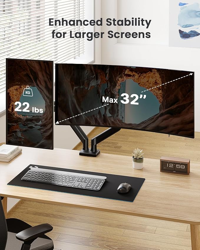 ErGear Dual Monitor Stand up to 32 inches Screen, Load-Bearing Max 22 lbs Each Arm, Adjustable Dual Monitor Mount, Sturdy Steel vesa Monitor Mount with Stable VESA 75x75 100x100mm