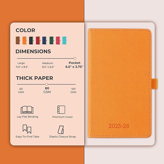 Weekly Monthly 2025-2026 Planner (July 25-Dec 26),6.5"x3.75",18 Months Agenda Plan with Month Tabs & Pocket,Expenses/Note Pages, Academic Calendar with Vegan Leather Cover,Orange
