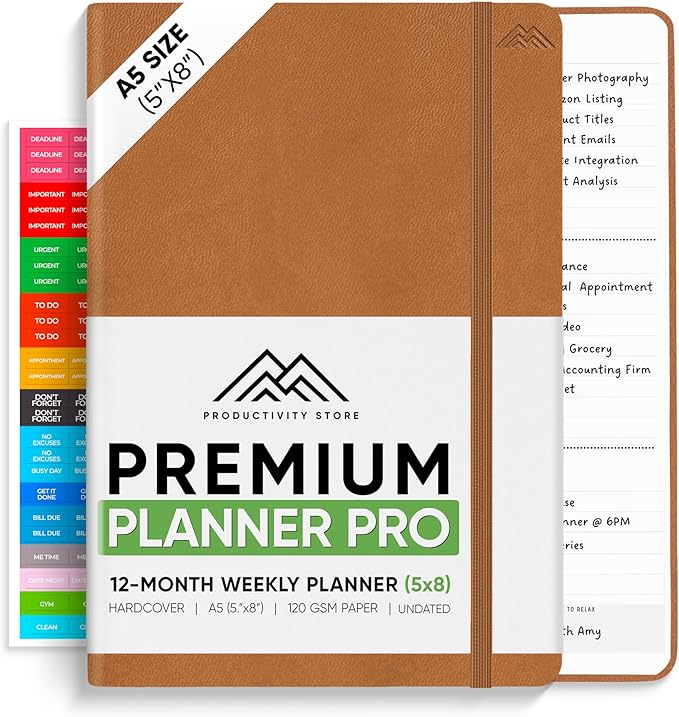 2025 Planner Pro 5.8 x 8.3 - Undated Productivity & Business Planner Notebook & Journal - Monthly Planner 2025 & Daily Planner 2025-2026 - A5 - Brown - Productivity Store