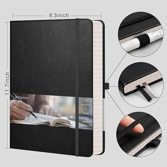 EMSHOI Graph Paper Notebook, 8.5" x 11" Hardcover Leather Journal for Women Men, 192 Pages 100 GSM Grid Paper A4 Large Journals for Writing, Graph Notebook for Work, Graphing, Engineering, Black