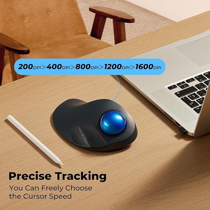 Wireless Trackball Mouse, Comfortable for Large Hands with 44mm Ball, Easy Index Finger Control, Rechargeable, Bluetooth & USB Connection, 5 DPI Adjustable, Compatible for PC, Laptop, Mac, Windows