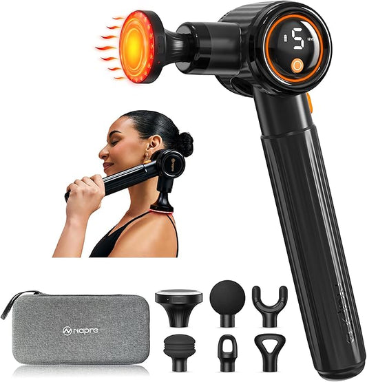 Massage Gun with Heat,Massage Gun Deep Tissue with Extension Handle & 3 Adjustable Angles,Handheld Percussion Back Massager for Muscle/Neck/Body Pain Relief with Portable Case,Black