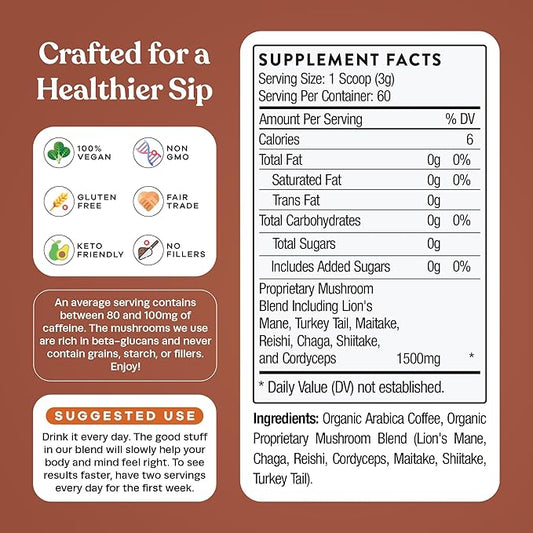 Pella Nutrition Organic Mushroom Coffee – Lions Mane, Reishi, Chaga, Cordyceps, Shiitake, Maitake & Turkey Tail – Superfood Instant Mushroom Coffee Blend for Focus & Energy (Regular Caffeine, 60 Cups)