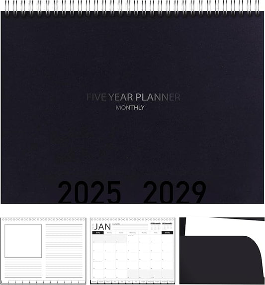 5-Year Calendar Planner, 2025-2029 Monthly Schedule Organizer Flip Calendar Diary with Tabs, Spiral Bound Top, Black, 8 ½” Wide x 11” Long