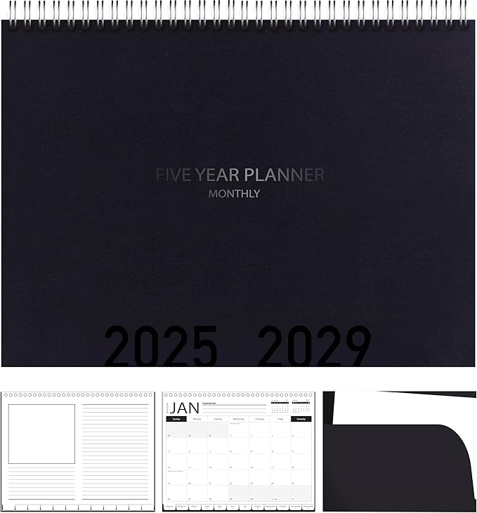 5-Year Calendar Planner, 2025-2029 Monthly Schedule Organizer Flip Calendar Diary with Tabs, Spiral Bound Top, Black, 8 ½” Wide x 11” Long
