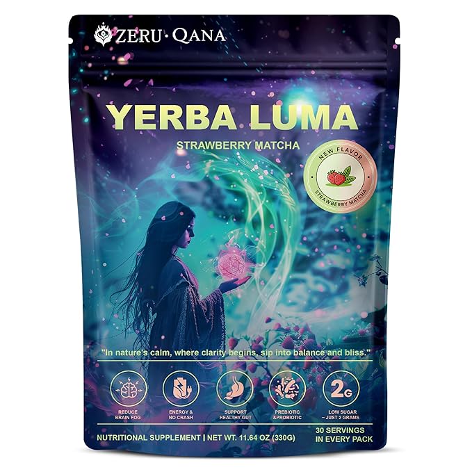 Yerba Mate Instant Tea Powder, 3-in-1 Super Bloom Energy Drink, Low Sugar, Supports Mental Clarity, Containing Prebiotics and Probiotics | Strawberry Matcha Flavor 30 Servings