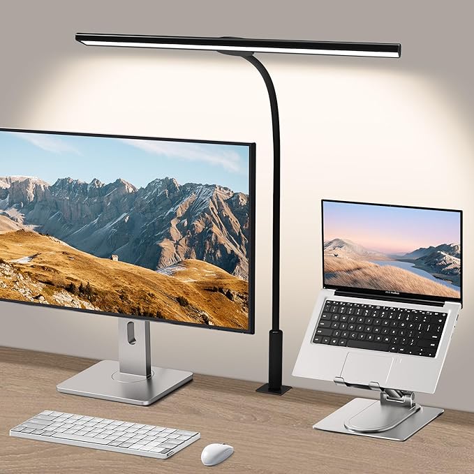 LED Desk Lamp with Clamp, Eye-Caring Adjustable Brightness, 3 Lighting Modes, Touch & Remote Control Clip Light for Home Office, Study, Computer Work, Reading, Puzzle, Task (Black)
