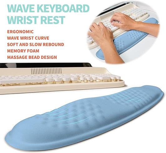 2-in-1 Ergonomic Set, Wave Rise Keyboard Wrist Rest and Massage Bulge Slope Mouse Pad Wrist Support, Cushion Memory Foam Integrated to Relieve Wrist Pain, Lake Blue
