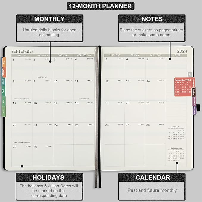 2024-2025 Planner - Weekly Monthly Planner 2024-2025, JUL 2024 - JUN 2025, 8.5" x 11", Leather Cover Planners 2025 with Thick Paper, Back Pocket with Notes Pages - Black