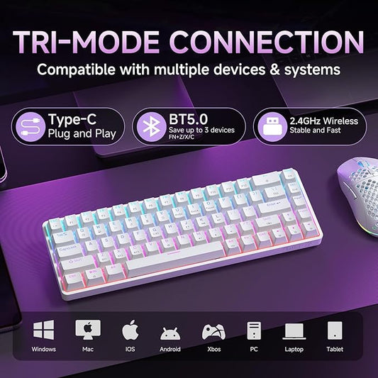 DIERYA DK68 Wireless Mechanical Keyboard, 60% Gaming Keyboard with Red Switch, Triple Mode 2.4GHz/USB-C/BT5.0, RGB Backlit, Anti-Ghosting Keys, 68 Keys Portable Mini Wired Office Keyboard-White