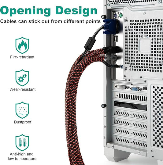 ZhiYo 6.6ft - 1/2 inch Cable Sleeve, Cord Wrap Wire Protector Tubing for Pets, PC Cable Wrap, Computer Cable Management Sleeve - Black - Red