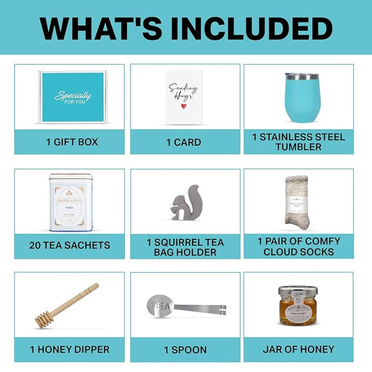 Tea Gift Set for Women – Thoughtful Get Well Gift Box with Cozy Socks, Stainless Tumbler, 20 Teaa Sachets, Honey Jar & Sending Hugs Card (Paris Tea - Cloud Socks)