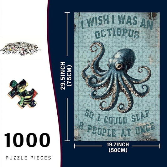 1000 Piece Wooden Jigsaw PuzzleBeach Octopus for Adults & Kids Challenging Brain Teaser for Family Bonding Stress Relief Focus Trainer & Educational Toy 29.5x19.7 Inch