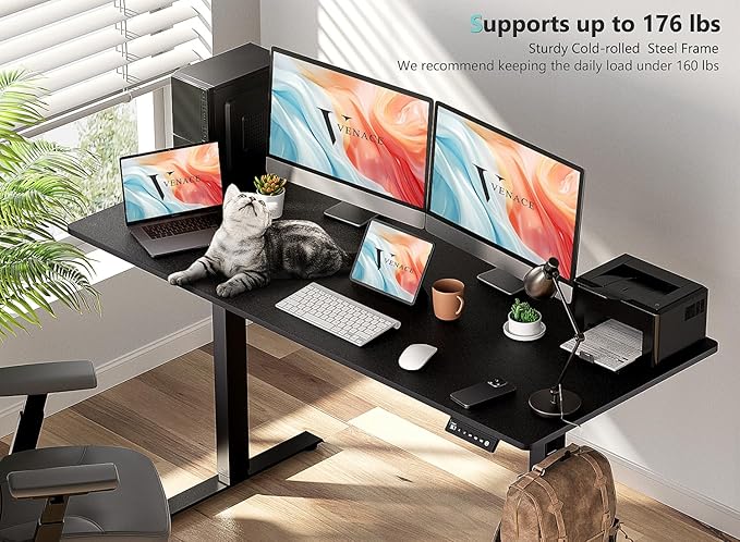 48 x 24 inch Electric Standing Desk Adjustable Height with 4 Wheels, 4 Memory Height Settings, 2 Headphone Hook, Home Office Desk, Splice Board Black