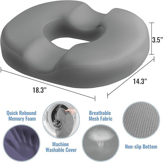 CloudBliss Donut Pillow Seat Cushion Chair Pad for Tailbone Pain Relief and Hemorrhoids, Memory Foam Seat Chair Cushion for Men and Women for Home & Office, (Light Grey-XL)