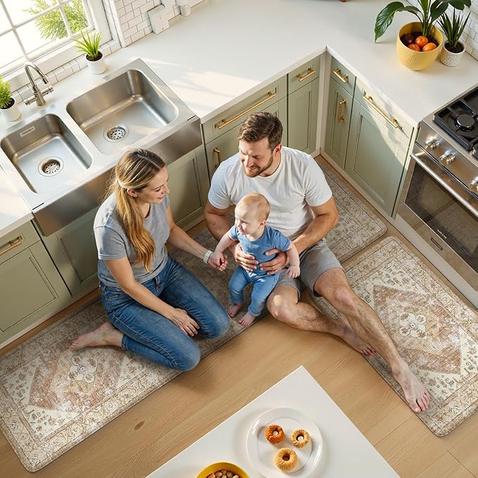 KIMODE Anti Fatigue Kitchen Mats for Floor, Farmhouse Kitchen Rugs Sets of 2, Cushioned Kitchen Floor Mats, Comfort Standing Mats for Sink Laundry Office Desk Khaki 20"x71"+20"x32"