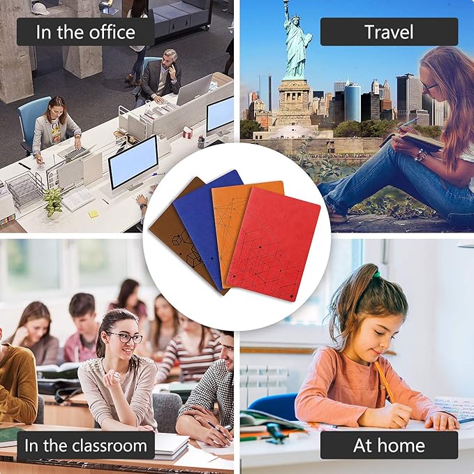 SINOBAND 4 Pack Notebooks for journaling,Colorful Subject Notebooks Set with Geometric Graphics Pattern,PU Leather Notebook writing journals with lined paper for School and Office(Random Colors)