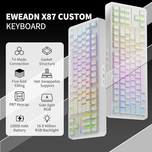 EWEADN X87 Wireless Mechanical Keyboard ASMR, 10000 mAh Battery, 75% Keyboard with Huano Arctic Switch BT5.0/2.4GHz/USB-C Topographic Keycaps Hot Swappable Custom Keyboards, Gasket Structure-White
